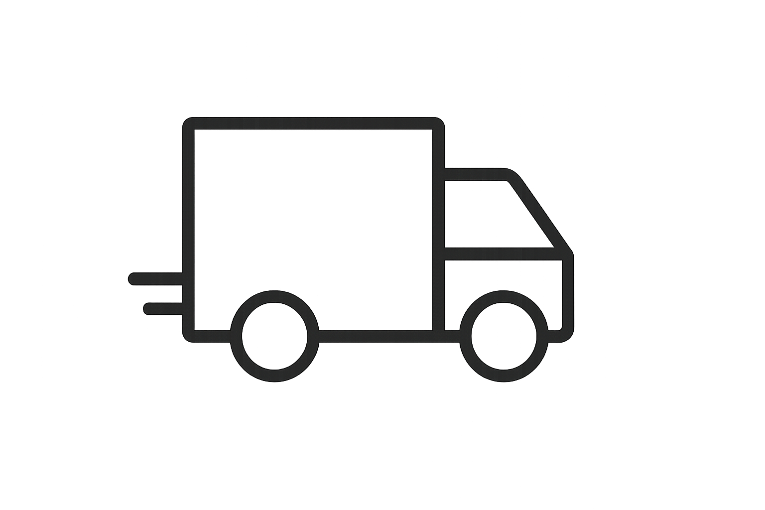 Minimalist black line icon of a delivery truck, vector style, transparent background
